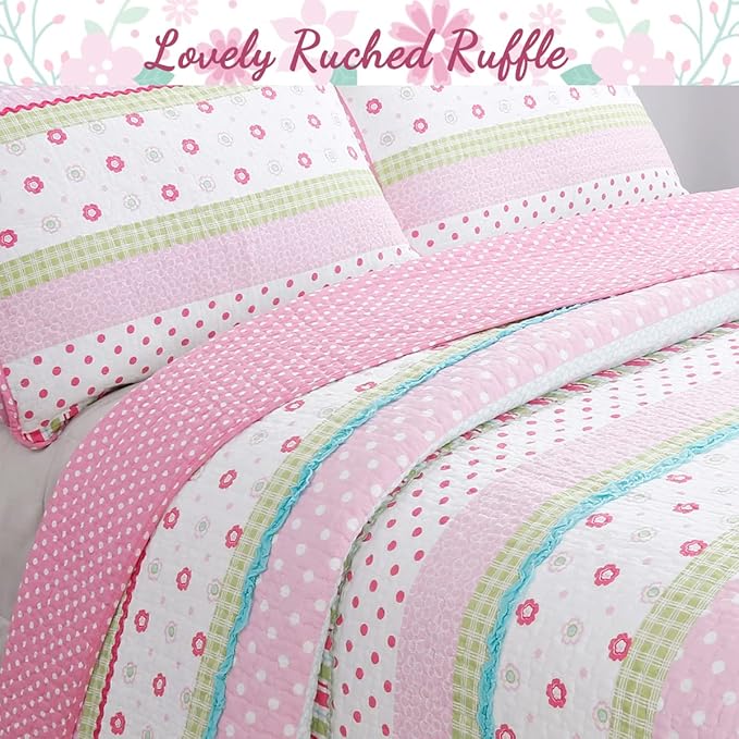 Cozy Line Home Fashions Pink Ruffle Flowers Polka Dot Girl 100% Cotton Reversible Quilt Bedding Set, Coverlet, Bedspread for All Seasons (Twin - 2 Piece)