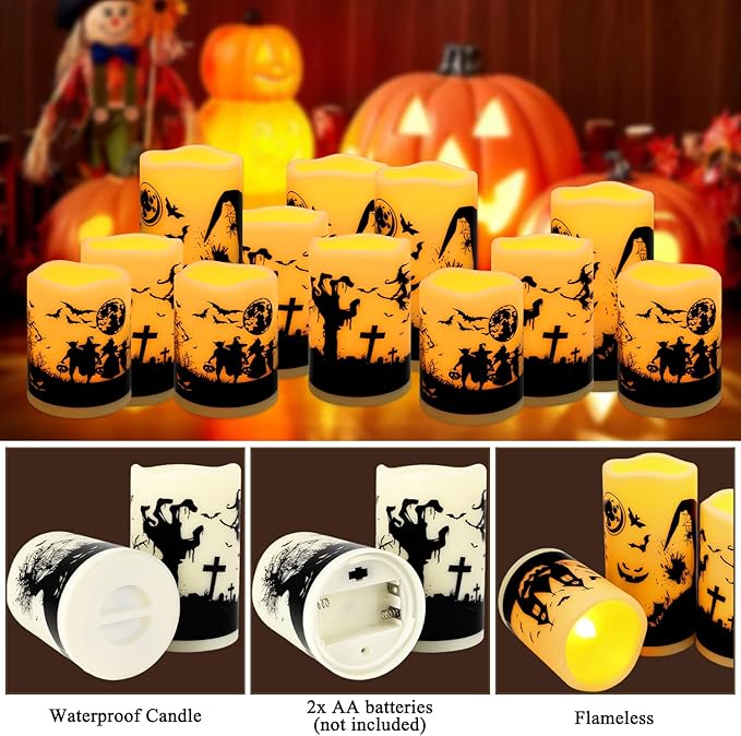 12-Pack Halloween Ink Painting Large Electronic Waxes with Remote Control, Flameless LED Candles for Halloween Spooky, Halloween Ambient Sense Artifacts.