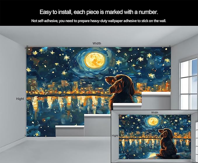 Dog and Moon Night Sky Wall Mural, Starry Night Cityscape 3D Wall Murals, Nighttime Dog Reflection Wallpaper Mural, for Living Room Bedroom Large Wallpaper Indoor Decor 157.5" W x110.3 H