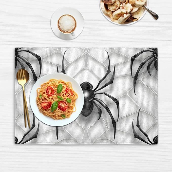 Black Spiders Placemats Set of 6, Washable Linen Place Mats, Spiders Web Table Mats for Kitchen Dining Table Decor Heat Resistant Tablemats 12x18