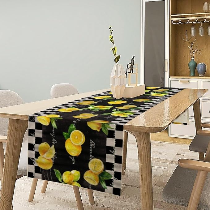 Lemon Table Runner , Summer Yellow Fruits Green Leaves Kitchen Dinning Table Decoration for Indoor Outdoor Home Party Decor 13x108 Inch