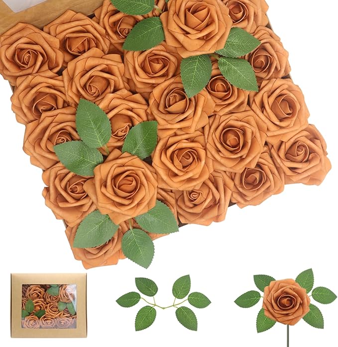 50Pcs Artificial Flowers Gold Sparrow Roses Real Looking Foam Fake Roses with Leaves for DIY Wedding Bouquets Bridal Shower Party Decorations (Gold Sparrow, 50)