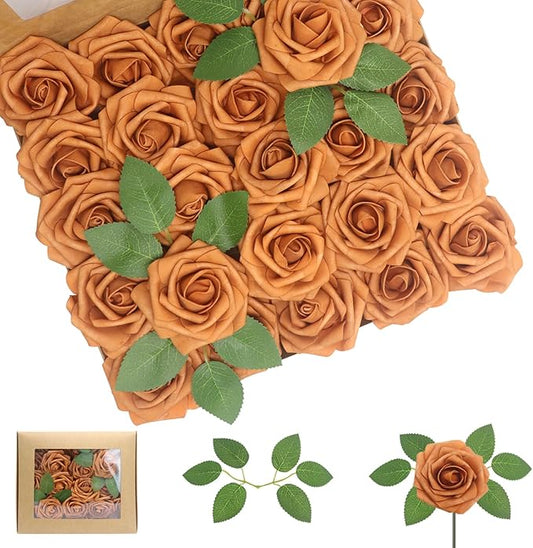 100PCS Artificial Flowers Gold Sparrow Roses Real Looking Foam Fake Roses with Leaves and for DIY Wedding Bouquets Bridal Shower Centerpieces Party Decorations (Gold Sparrow, 100)