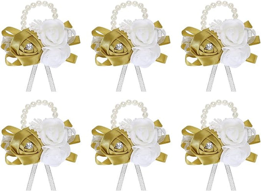 MECCANIXITY 6Pcs Wrist Corsage Artificial Flower Bracelets Rose Wrist Bride Groom Decorative for Wedding Ceremony Prom Party Anniversary Dark Yellow