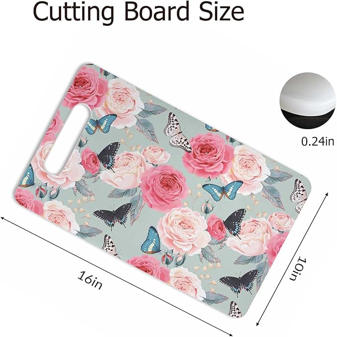 Butterfly Flowers Cutting Boards Peony Pink Roses Black Blue Blue Romantic Cutting Boards Kitchen Chopping Board with Handles Non Slip Plastic 16 x 10 x 0.24 Inch