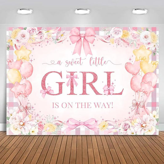 Mocsicka Bow Baby Shower Backdrop Pink Floral Baby Girl Shower Photo Background Banner Sweet Little Girl on The Way Decorations for Baby Shower Party Supplies Photo Props (10x7ft (120x82 inch))