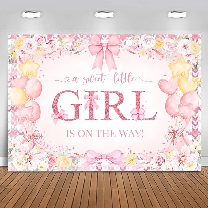 Mocsicka Bow Baby Shower Backdrop Pink Floral Baby Girl Shower Photo Background Banner Sweet Little Girl on The Way Decorations for Baby Shower Party Supplies Photo Props (5x3ft (60x36 inch))