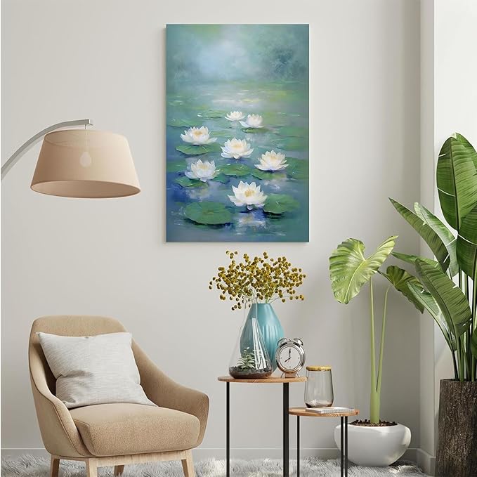 Zen wall art Delicate white lotus flower floating on calm water Vintage oil painting print Serene aquatic wall art creates a tranquil home decor 28x40in Frameless