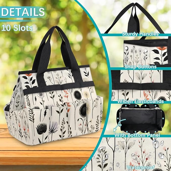 Garden Tool Bag Organizer Garden Tote Bag with Pockets Flowers Herbs Plant Tool Storage Organizer Gardening Tool Kit Holder 13" x 6.8" x 2.8"