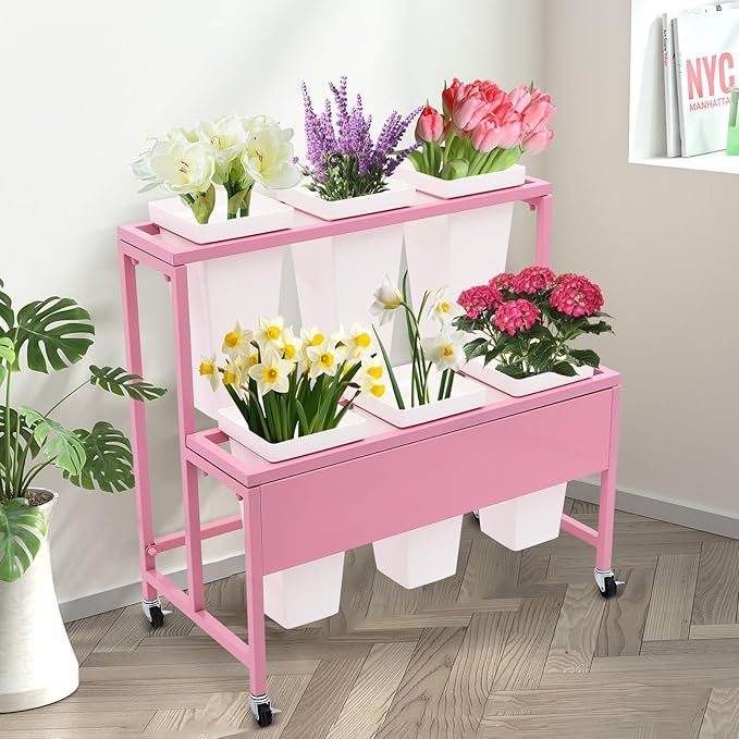 2-Layers Flower Display Stand Metal Flower Display Stand With 6 Pcs Buckets Rolling Plant Stand Flower Cart Moving Florist Bouquet Shelf for Fresh Flower Shop Balcony,Load Capacity 33.07lbs (Pink)