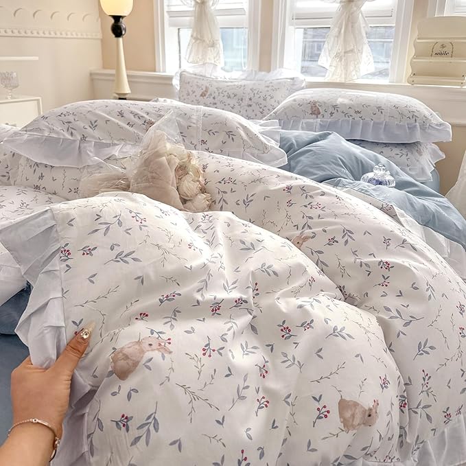 VM VOUGEMARKET Girl's Romantic Ruffle Comforter Set Twin Cute Rabbit Comforter with 2 Pillow Shams Toddler Girls White Lace Bedding Set(3pcs,Twin XL)