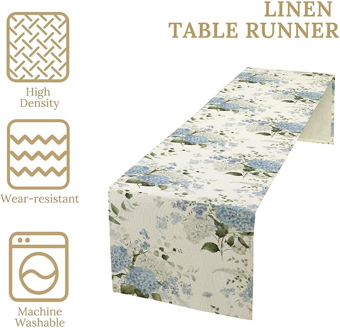 Blue Floral Table Runner, Spring Summer Watercolor Hydrangea Flower Butterfly Country Farmhouse Coffee Table Center Decor for Home Kitchen Dining Patio Holiday Party Table Decorations 13x36 inches