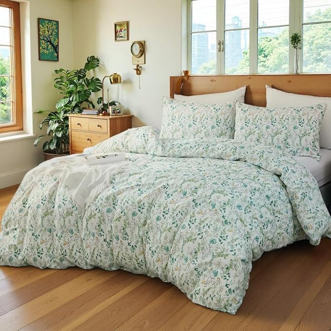 100% Cotton Duvet Cover Sets King Size Reversible Green Garden Bedding Sets Duvet Cover Super Soft Comforter Cover with Zipper Closure, Lightweight, Breathable