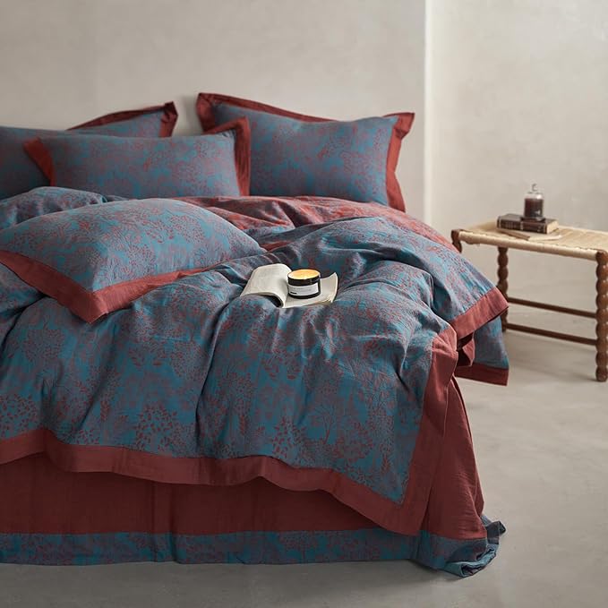 Vintage Blue Floral Duvet Cover Twin XL Size Forest Theme Jacquard Bedding Set Linen Cotton Yarn-Dyed Textured Duvet Cover Burgundy Reversible Tree Leaves Botanical Duvet Cover with Zipper Closure