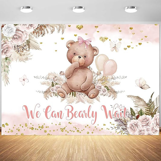 10x6.5ft Bear Baby Shower Backdrop Boho Pink Floral We Can Bearly Wait Photography Background It’s a Girl Baby Shower Party Banner Decorations Supplies Photo Booth Props