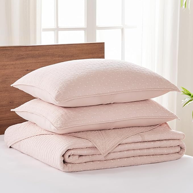 Levtex Home Cross Stitch Reversible Queen Bedspread Set (104x106in) with 2 Pillow Shams (26x20in) - Stitch Texture - Blush - Cotton Queen Size Bedspread Set - Lightweight, Soft, Pre-Washed