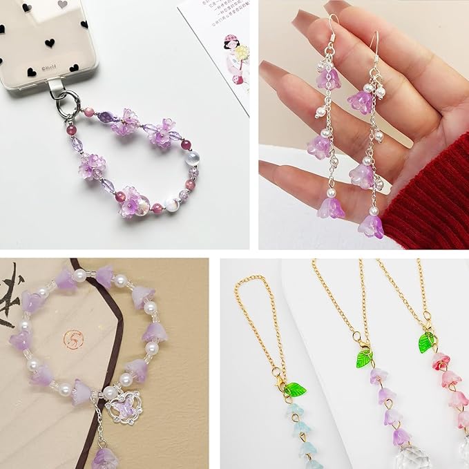 LadayPoa 350pcs Glass Bellflower Beads for Jewelry Making Trumpet Flower Beads Gradient Clear Cute Bead for Bracelets Making Aesthetic Bead Charms for DIY Necklace Decoration-Purple Series