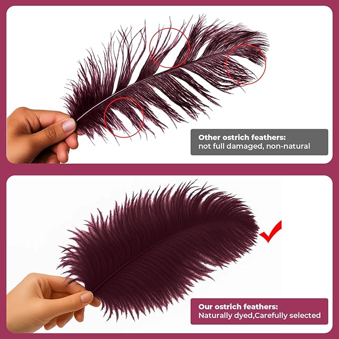 Piokio 20pcs Natural Burgundy Ostrich Feathers 10-12 inch (25-30cm) Bulk Feathers for Home Decoration and DIY Clothing and DIY Clothes Decoration, Gatsby Decorations