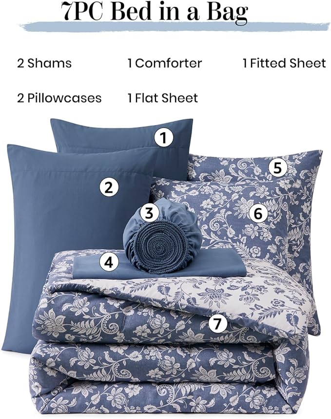 King Comforter Set -7 Pieces Floral Oxford Blue Comforter Set for All Seasons, Bed in a Bag King with Botanical Flowers Comforter, Sheets, Pillowcases & Shams