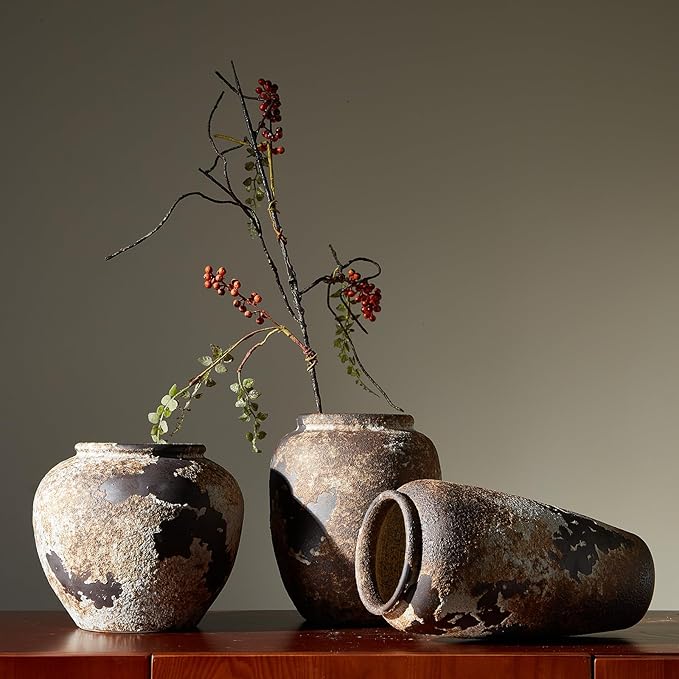 Smiletag Rustic Vase for Home Decor, Farmhouse Terracotta Vases, Stone Vases, Large Vases for Living Room Decor, Rustic Flower Vase Decoration for Living Room Tall Ceramic Vase