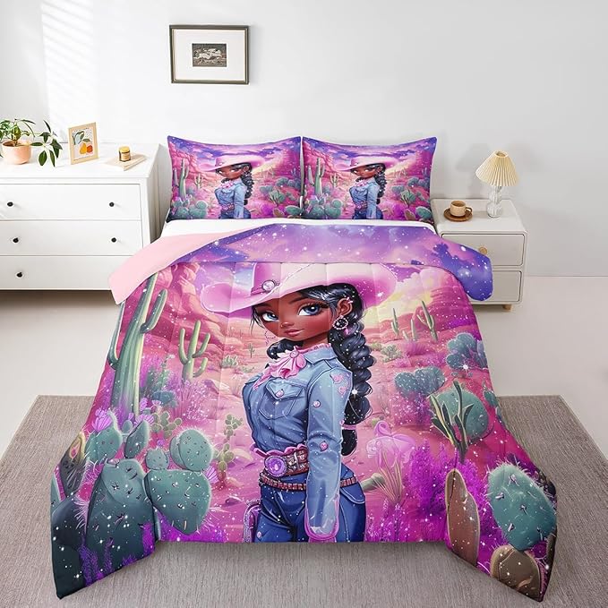 Western Cowgirl Comforter Set King Size,Reversible African Style Cute Girl Print Black Bedding Set All Season Quilt Set,Dreamy Stars Purple Galaxy Sparkling Microfiber Polyester Down Comforter