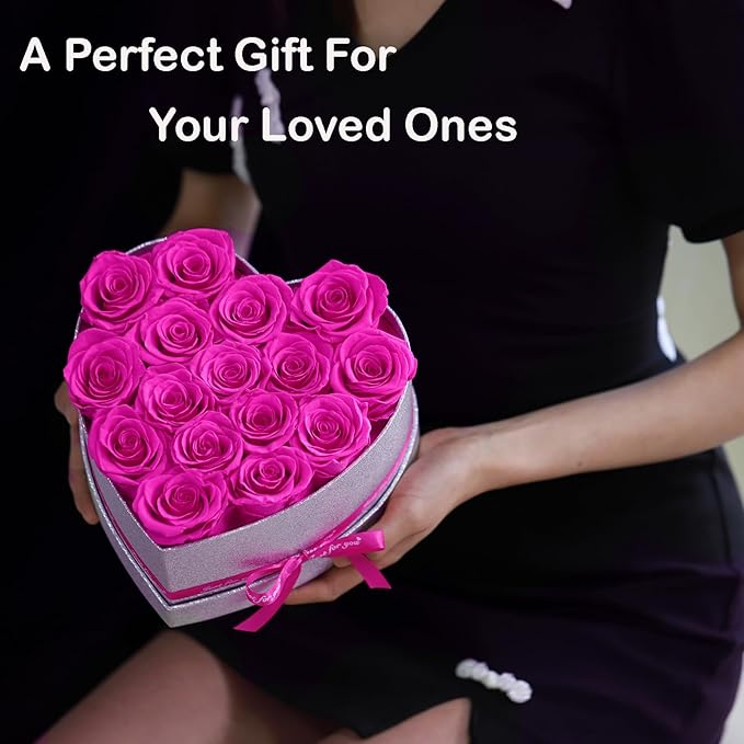 Flowers for Delivery, 16 Hot Pink Preserved Rose in Heart Shaped Box, Real Forever Roses Birthday Anniversary Valentines Day Mothers Day Flowers Gifts for Women Mom.Wife Her