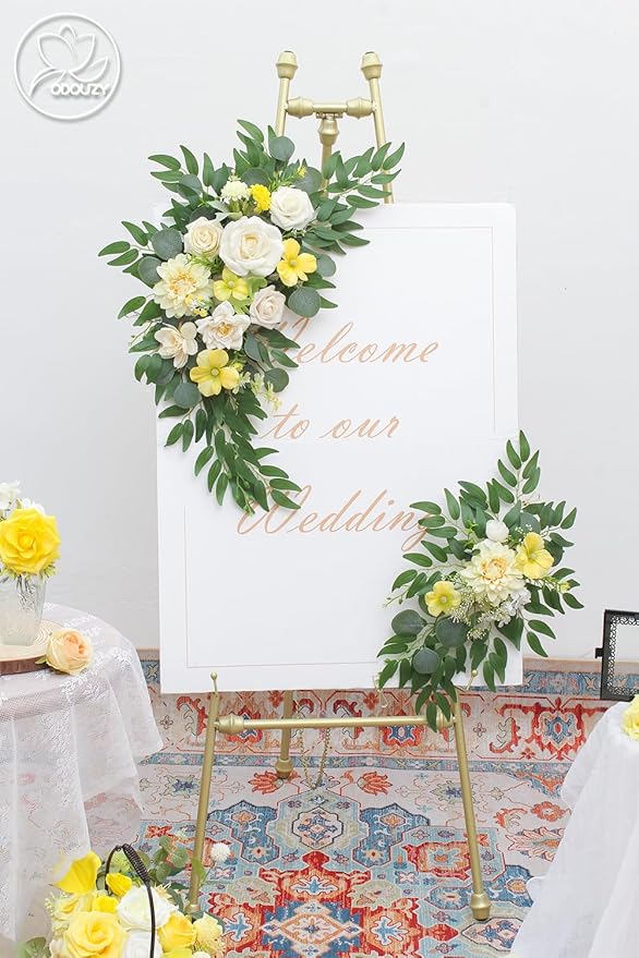 Pack of 2 Wedding Arch Decorations Artificial Hanging Flowers Floral Swag for Wedding Welcome Sign Backdrop Balloon Arch Home Party Bridal Ceremony Reusable(Yellow)