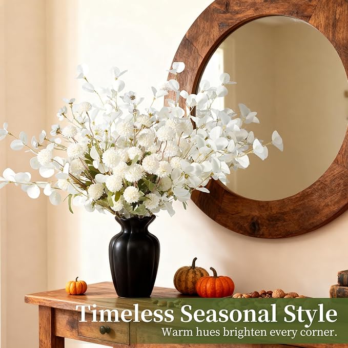 Real-Touch Faux Silk Mums Bouquet, Bendable Long Stems, Full & Realistic Artificial Flower Arrangement for Vase, Table, Wedding & Wreath Décor, Beige(No Vase) (White Kiku+Wax+Eucalyptus)