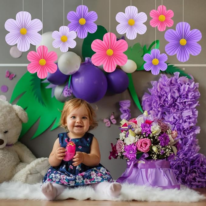 Purple Party Decorations Paper Flowers Decorations for Wall Classroom Paper Fans Floral Backdrop Flower Wall Decor Pack of 9 Pink Purple