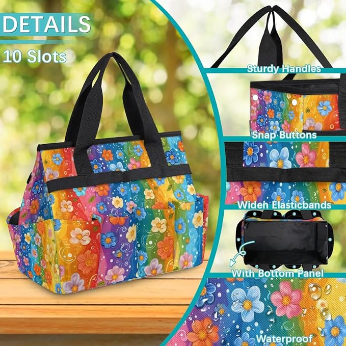 Garden Tool Bag Organizer Garden Tote Bag with Pockets Rainbow Small Flowers Tool Storage Organizer Gardening Tool Kit Holder 13" x 6.8" x 2.8"