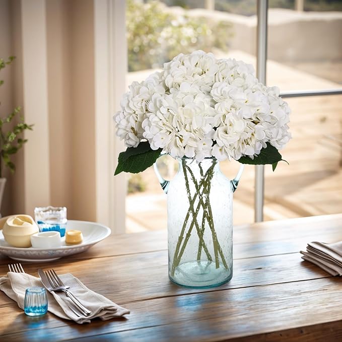 Kimura's Cabin 6pcs Faux White Hydrangeas Fake Flowers Artificial Silk Hydrangea Flower With Stems Bouquets Arrangement for Home Table Centerpieces Wedding Baby Shower Birthday Party Decoration(White)