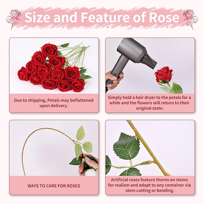 52 PCS Red Roses Artificial Flowers, Fake Red Rose Bouquet, Artificial Silk Red Roses with Stems for Wedding Flowers Decoration, Valentines Day Mothers Day, Bridal Bouquet Roses