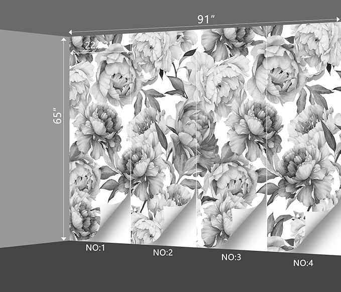 Grey Peony Floral Wallpaper Bedroom Black and White Botanical Flowers Leaf murals Aesthetic Room Decor Living Room tv Background Large Wall Mural - 91"x65" Not Peel and Stick