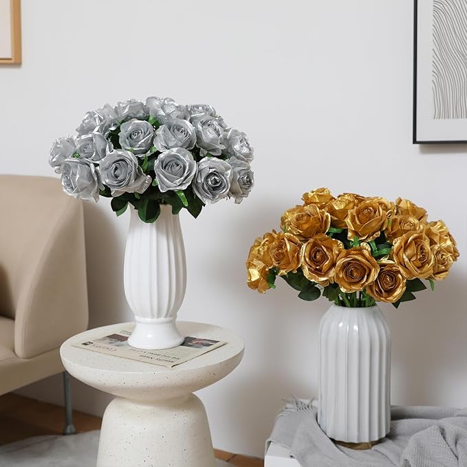 Tifuly Roses Artificial Flowers - 12 pcs Realistic Long Stems Fake Roses Mashup Style Silk Flowers for DIY Bouquets Wedding Centerpieces Arrangements Home Party Decor（Gold & Sliver）