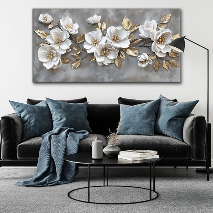 LAVIKARS Modern Gray Flowers Wall Art for Living Room Office White and Golden Floral Landscape Canvas Painting Prints Large Delicate Petals Artwork Kitchen Home Bedroom Decor (23x46 Inches)