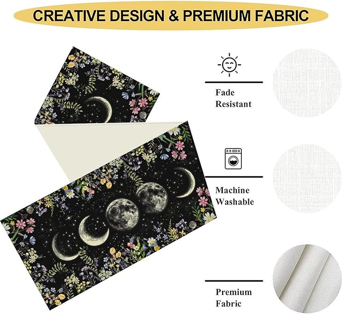 Wild Floral Table Runner, Boho Spring Gothic Moon Phase Wildflower Mystical Witchy Farmhouse Coffee Table Center Decor for Home Kitchen Dining Patio Holiday Party Table Decorations 13x108 inches