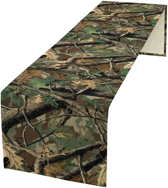 Forest Camouflage Table Runner, Camo Conifer Oak Branches Leaves Military Mossy Lodge Country Camp Cabin Theme Dinner Table Runner for Home Kitchen Dining Table Decoration 13"x90"