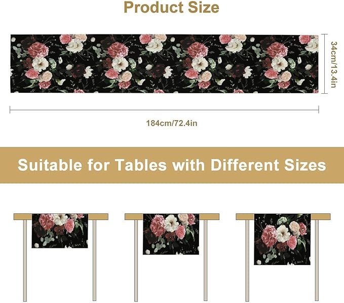 Floral Table Runner,Vintage Gothic Flowers Plant Prints Table Runner for Home Kitchen Table Decor Dining Coffee Room Party Decor 13x108 Inch