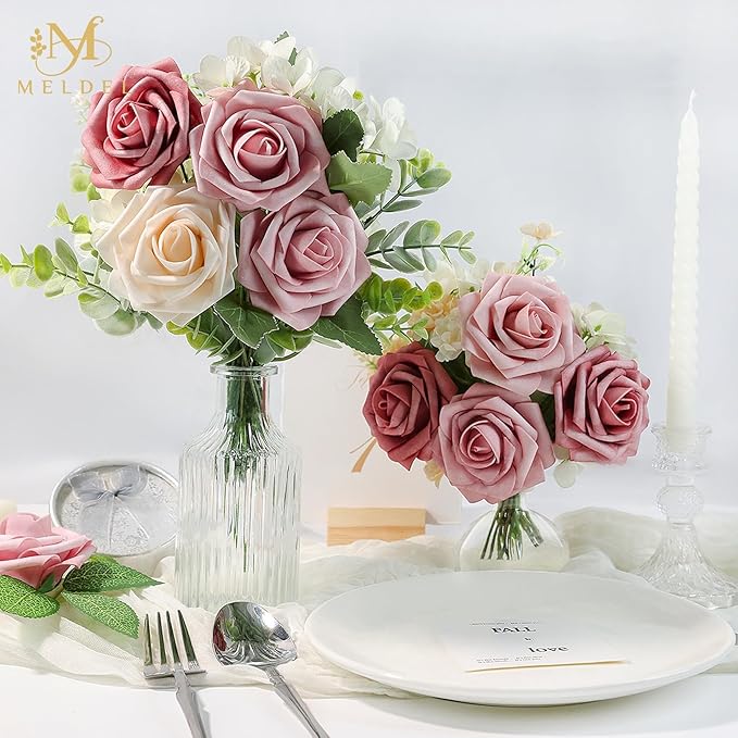 Meldel Artificial Flower 25pcs Real Touch Blush Pink Rose Fake Foam Roses with Stems for DIY Wedding Bouquets Gifts Bridal Shower Faux Floral Centerpieces Arrangements Home Party Tables Decorations