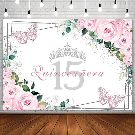 SENDY 8x6ft Quinceañera Backdrop Mis Quince 15 Anos Birthday Party Decorations Supplies for Girl Princess Pink Floral Butterfly Silver Crown Photography Background Banner Photo Booth Studio Props