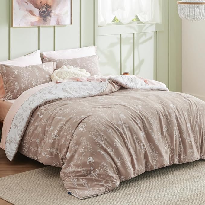 Bedsure Duvet Cover Queen Size - Reversible Light Taupe Queen Duvet Cover Set with Zipper Closure, 3 Pieces Floral Patterned Bedding Set with 8 Corner Ties and 2 Pillow Shams