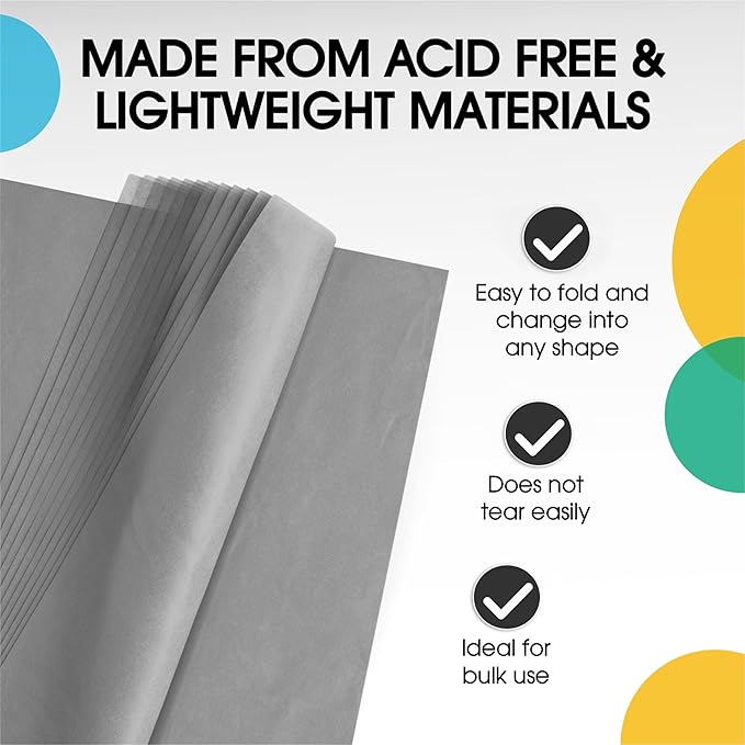 Party Solids Grey Tissue Paper for Gift Bags - 20" X 30" Bulk Tissue Paper Grey 480 Sheets - 10lb Newsprint for Packing, Birthday Gift Box Filler, Packing Supplies for Moving Supplies