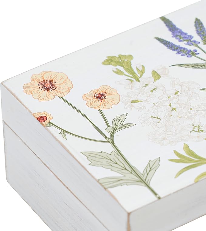 Small Decorative Box with Hinged Lid Wooden Handmade Keepsake Storage Box Floral Printed Jewelry Box Rustic Trinket Box - 7.9 x 6.5 x 3.4 Inches