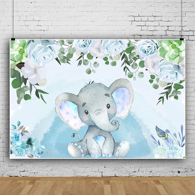 AOFOTO Flowers Baby Elephant Backdrop Light Blue 9x6ft Boy Gender Reveal Party Decorations Sweet Floral Baby Shower Photo Shoot Background for Photography Kids Child Birthday Photo Studio Props Vinyl