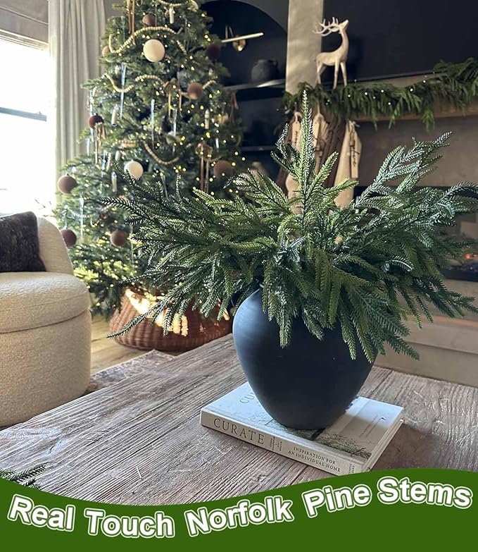 12 Pcs Christmas Norfolk Pine Branches Real Touch Norfolk Pine Stems Picks Faux Greenery Holiday Evergreen Stems for Vase DIY Crafts Garland Wreath Home Decor - 18" Long