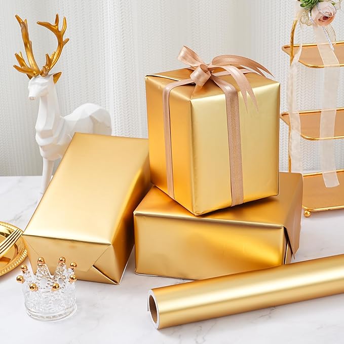 ZINTBIAL Metallic Gold Wrapping Paper Roll with Cut Lines - Solid Gold Holiday Gift Wrap for Graduation, Birthdays, Baby Shower, Wedding, Christmas - 17.5 in x 33 ft (48 sq. ft), Easy to Cut