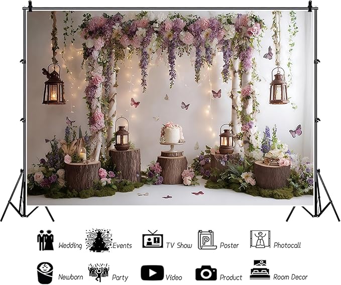 Baocicco Rustic Flower Wall Backdrops 12x10ft Farmhouse Wedding Background Photography Baby Shower Bridal Shower Backdrop Purple Floral Wooden Butterfly Backdrop Kids Adults Portraits Studio Props