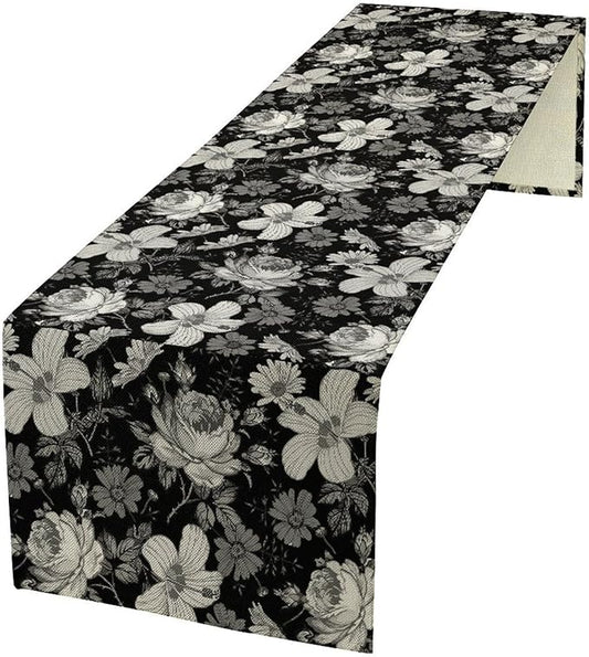Black Floral Table Runner, Abstract Vintage Black White Floral Plants Leaves Boho Dark Gothic Garden Table Runner for Indoor Outdoor Party Wedding Decor, 13x120inch
