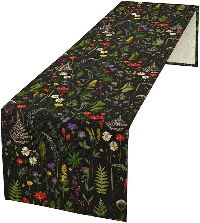 Rustic Field Table Runner, Vintage Farmhouse Natural Forest Wildflowers Plants Herb Print Kitchen Dining Table Decor Seasonal Home Decoration Indoor Outdoor Party, 13x90inch