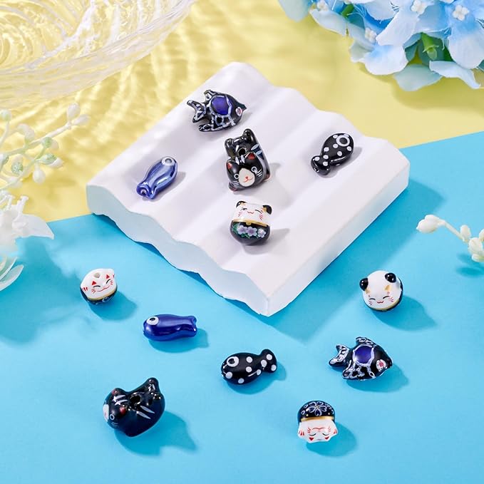 Beadthoven 12pcs Lucky Animal Ceramic Beads 3D Black Blue Handmade Porcelain Craft Beads Cute Fish Cat Shaped Floral Printed Animal Spacers for DIY Crafts Bracelet Earring Necklace Jewelry Making